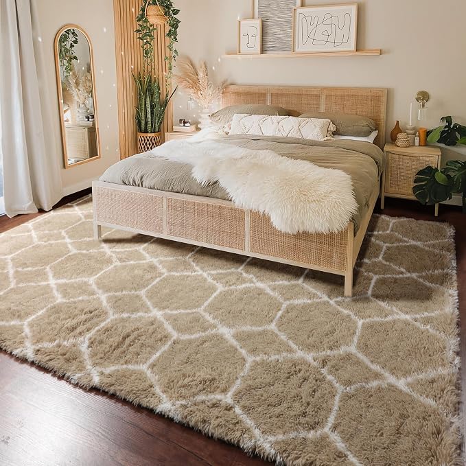 Large Area Rugs for Living Room, Fluffy 7x10 Beige and White Thick Floor Rug - Image 6