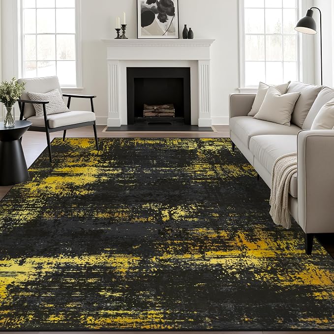 5x7 Area Rug Living Room: Modern Washable Soft Carpet Black Gold | - Image 2