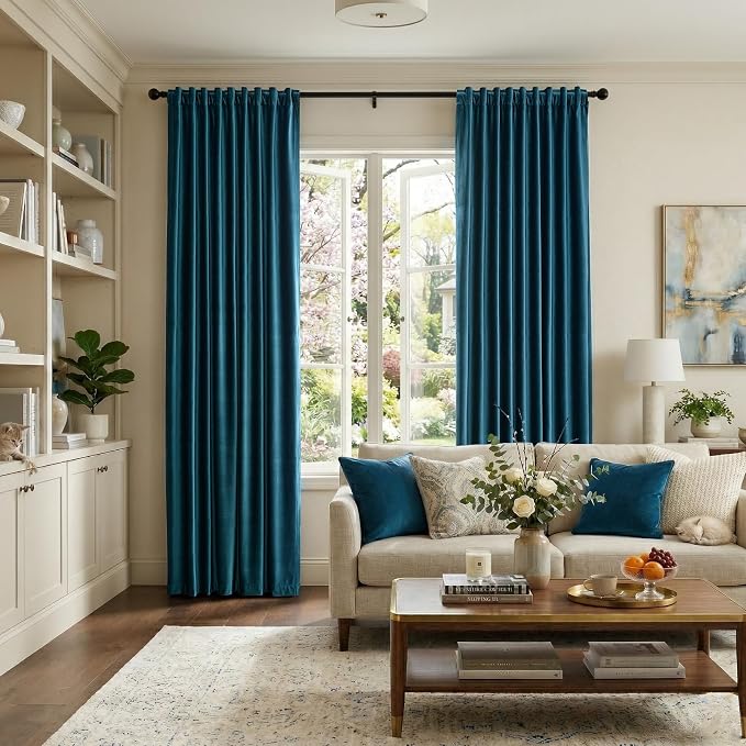 Luxury Peacock Blue Velvet Curtains 108 inches - Image 2