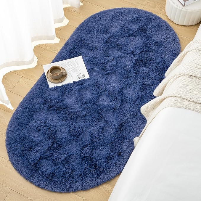 Goideal Fluffy Bedroom Rug, Small Oval Area Rugs, Light Navy Shag Bedside Carpet - Image 4