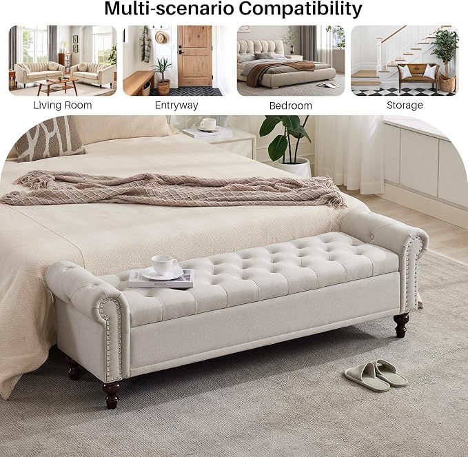 SOFTHION 67" Storage Bench for Bedroom, Linen Upholstered - Image 8
