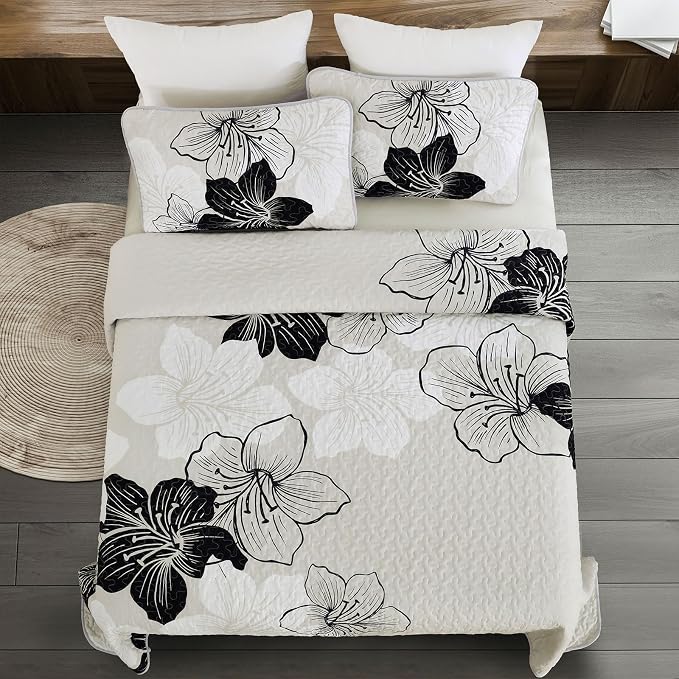 DJY Black White Quilt Queen Size, Boho Floral Bedding Bedspread Set 3 Pcs | - Image 8