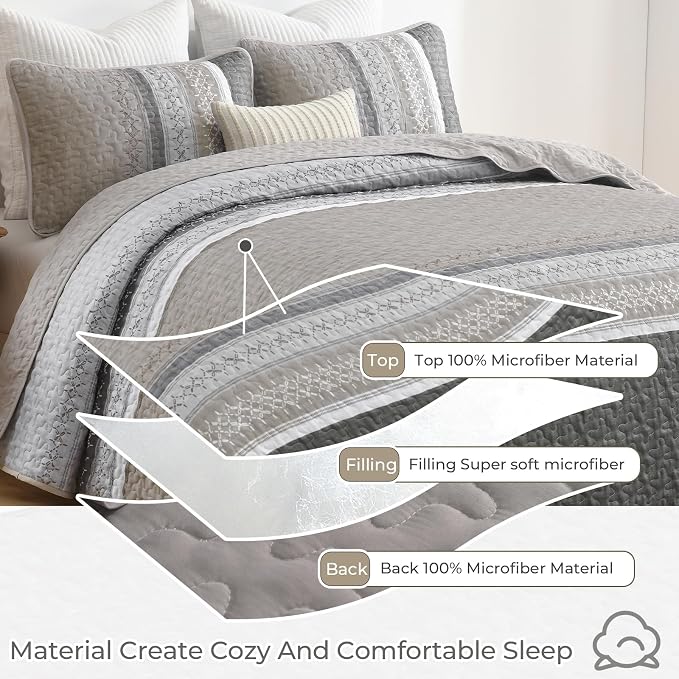 Cottolester Quilt Set Queen, Taupe Grey Striped Patchwork Bedspread | Modern - Image 3
