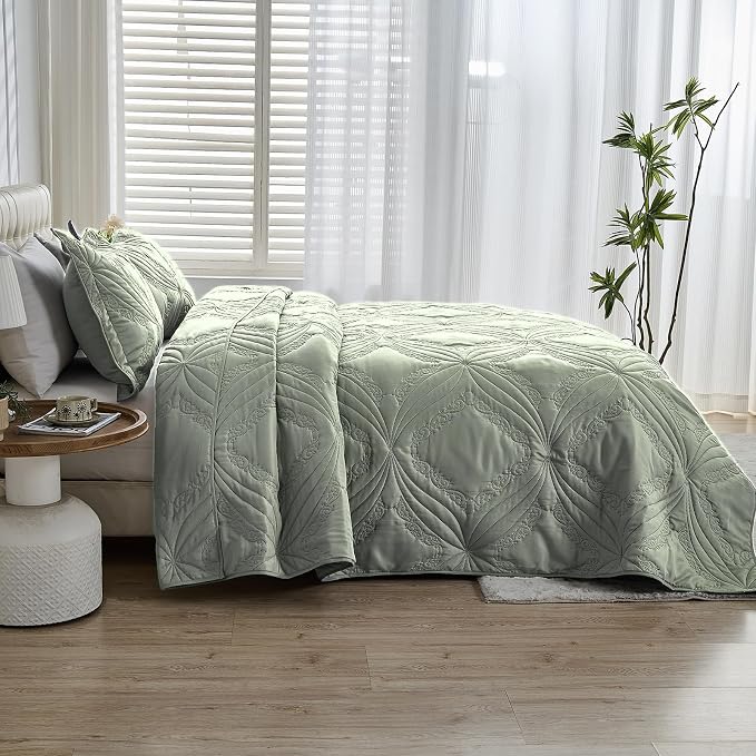 Kingnex Oversized King Bedspreads 128x120 Ultrasonic Quilted Sage | Extra Wide - Image 3