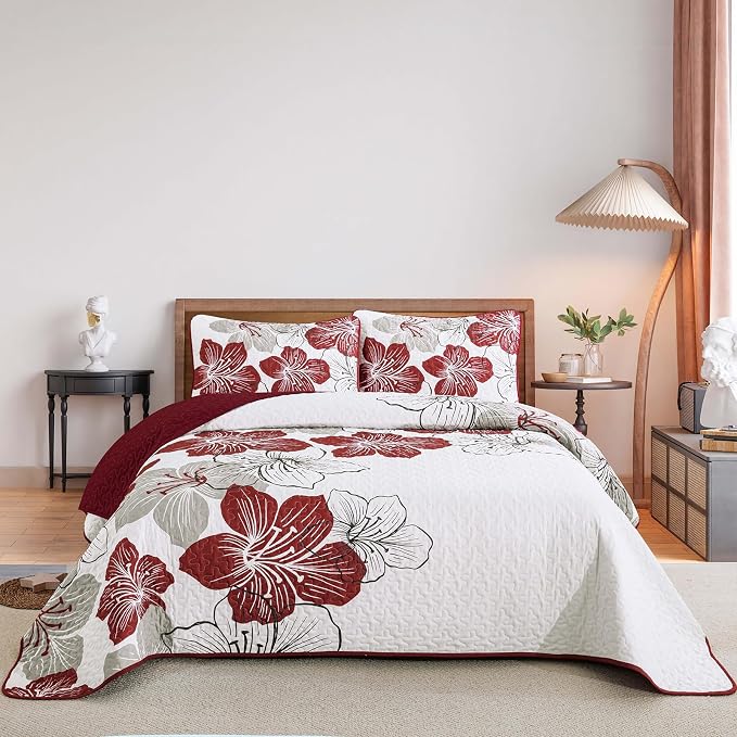 DJY Christmas Red Floral Quilt Set King 3 Pieces Floral Bedding Quilt Set Soft by HOME