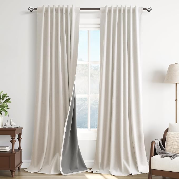 Cream Natural Linen 100% Blackout Curtains 86 Inches Long Back Tab Thermal by Guken