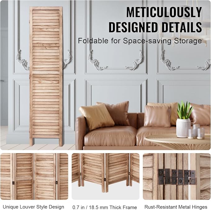 VEVOR Wood Room Divider, 6 Panel Wood Folding Privacy Screen, 66.9 Inches Tall - Image 6