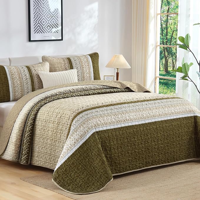 Cottolester Brown Quilt Set Queen, Soft Fall Striped Texture Bedspread 3 Pcs | - Image 2