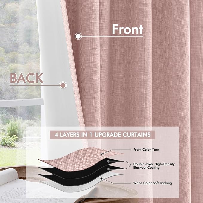 MIULEE 100% Blackout Back Tab Pleat Linen Curtains 50" Wx72 L, Light Pink | 2 - Image 5