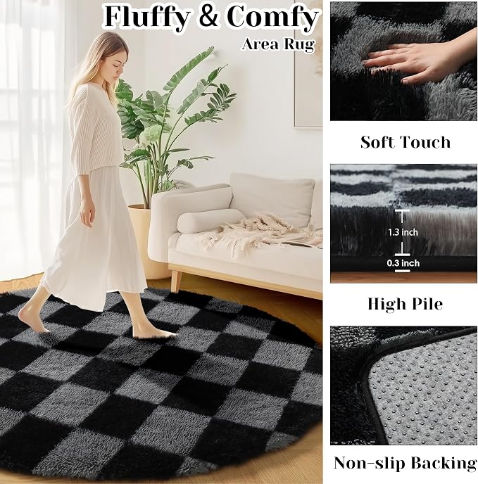 KICMOR Round Rugs 6ft Black and Grey Circle Area Rug, Fluffy Soft Fuzzy Shag - Image 2