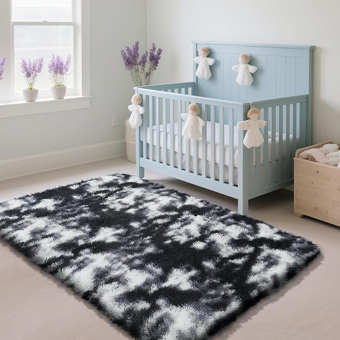 Mottled Black 3x5 Area Rug for Bedroom, Fluffy Rug Small Rug Bedroom Carpet | - Image 2