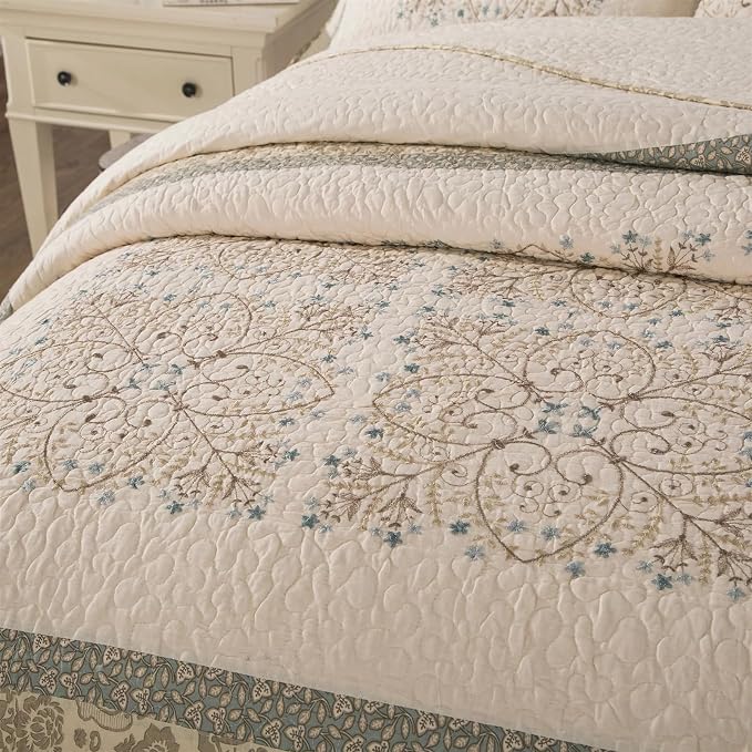 ROOMLIFE Quilt Set King Size 3D Floral Embroidery Pattern 3-Piece Cotton - Image 4