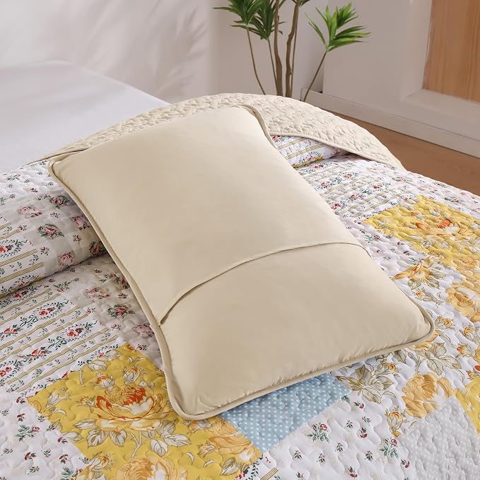 Yellow Patchwork Quilt Set King Size, Rose Floral Plaid Bedspread | 3 Pcs - Image 6