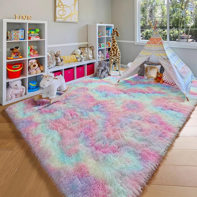 Rainbow Area Rugs for Girls Bedroom, 4x6 Fluffy Bedside Colorful Rug, Cute Soft by ONASAR