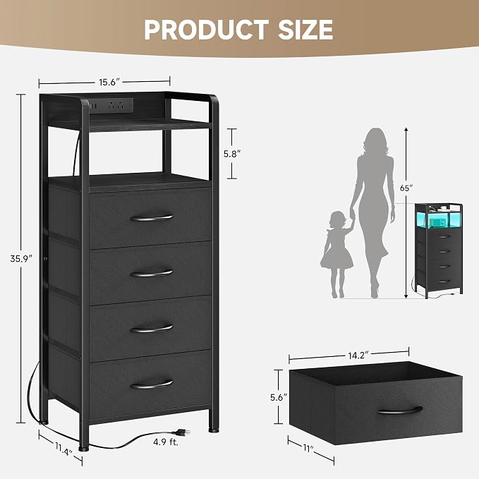 Lazzanto Nightstand with Rear Charging Station, LED Light, 4 Drawers, 2 USB-A - Image 3