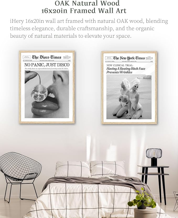 iHery 16x20in Funny Beach Girls Framed Newspaper Wall Art | Natural OAK Wood - Image 7