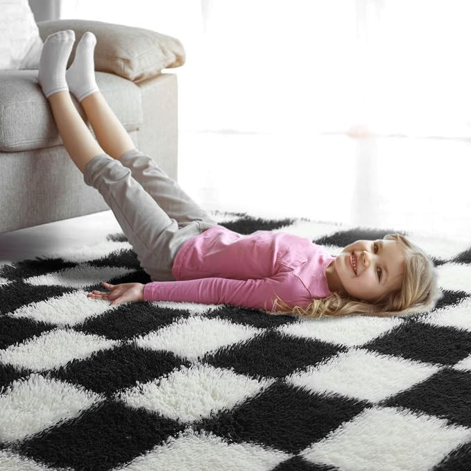 KICMOR Rugs for Living Room, 5x8 Area Rug Black and White Fluffy Shag Soft - Image 9