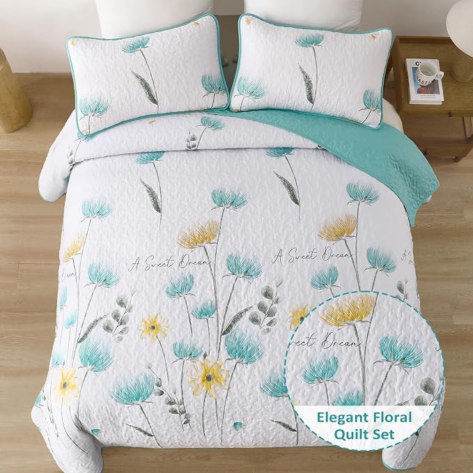 Dinjoy Floral Quilt Set Queen, Aqua Blue Bedspread Coverlet Set 3 Pieces | - Image 2
