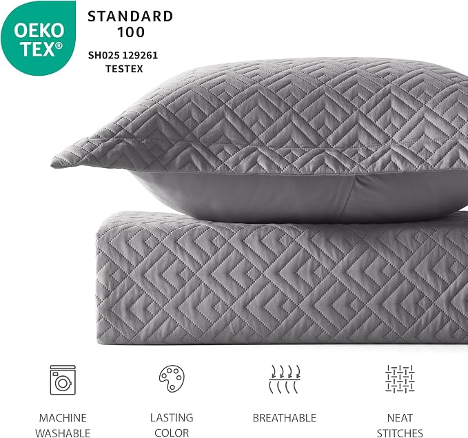EXQ Home King Size Quilt Set Squares Pattern Bedding Set Lightweight Grey | - Image 4