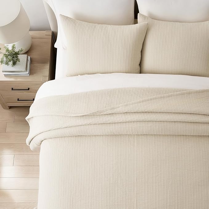 EVERGRACEHOME Cotton Gauze Matelassé Coverlet, King Size, Soft Oat | Ultra Soft - Image 5