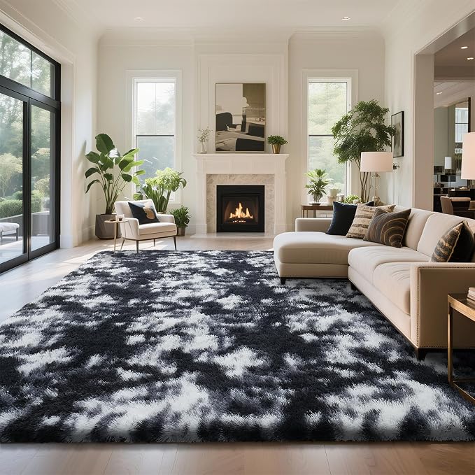 Mottled Black 9x12 Area Rugs for Living Room, Fluffy Shag Rug Large Carpet | by Yongyangjuxi