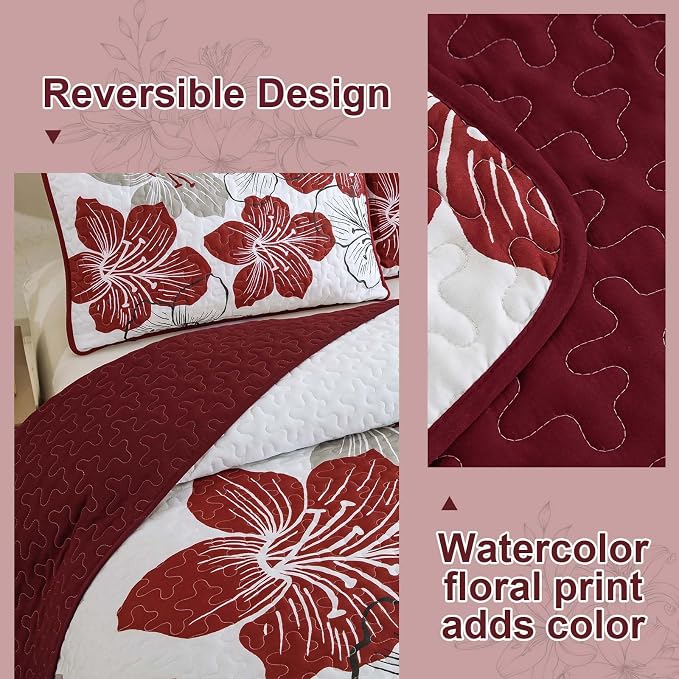 DJY Christmas Red Floral Quilt Set King 3 Pieces Floral Bedding Quilt Set Soft - Image 4