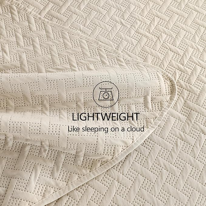 FLYMME Beige King Quilt Bedspreads, Modern Style Geometric Weave Stripe Pattern - Image 6