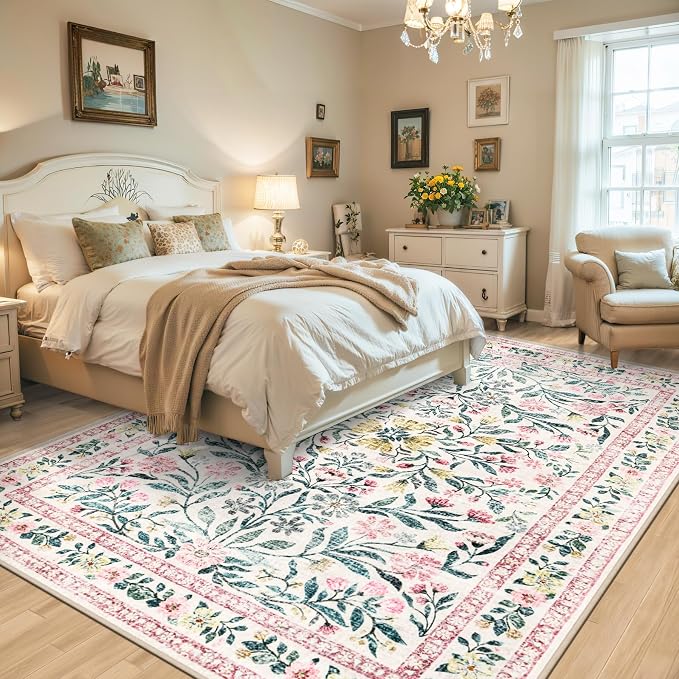 PLHXFR Area Rug Living Room: 5x7 Floral Washable Boho Carpet Pink Green | - Image 3