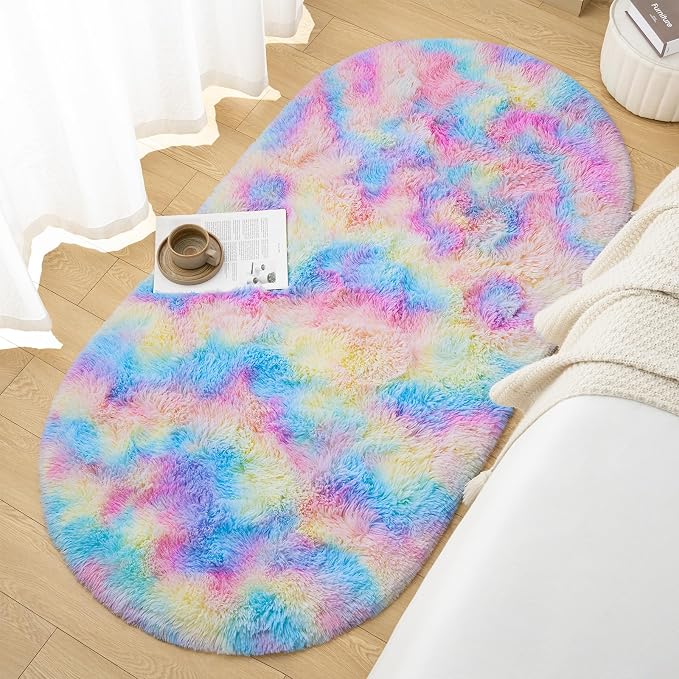Goideal Fluffy Bedroom Rug, Small Oval Area Rugs, Rainbow Shag Bedside Carpet - Image 4