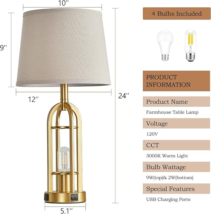 SRJJA Gold Table Lamps for Living Room Set of 2 - Image 6