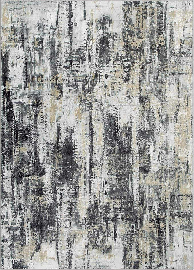 9x12 Area Rugs for Living Room: Washable Abstract Black Grey Gold Carpet | - Image 3