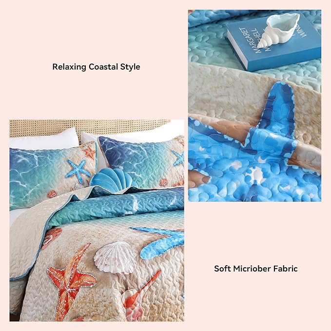 weigelia Coastal Quilt Queen Size, Beach Lightweight Summer Bedding | Starfish - Image 5