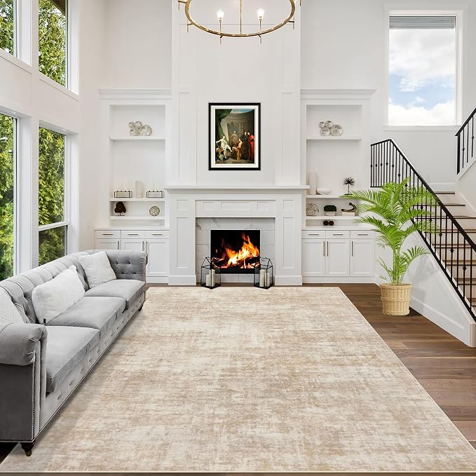 9x12 Area Rugs for Living Room: Washable Abstract Beige Badroom Carpet | by GENTDRIZZ