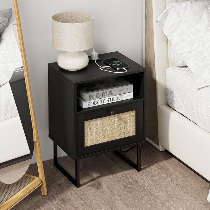 Masupu Rattan Nightstand with Charging Station, Modern Boho Farmhouse Wood - Image 7
