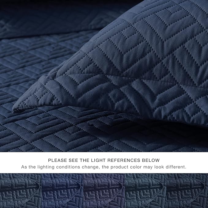EXQ Home King Size Quilt Set Squares Pattern Bedding Set Lightweight Navy | - Image 6