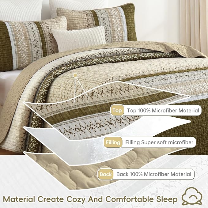 Cottolester Brown Quilt Set Full, Soft Striped Texture Bedspread 3 Pcs | - Image 6