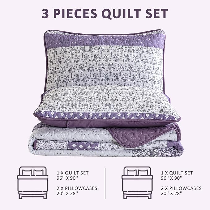 WONGS BEDDING Purple King Quilt Bedding Set, Bohemian Stripe Bedspread | - Image 9