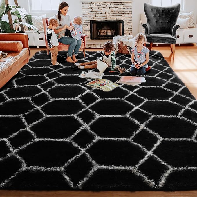 8x10 Area Rugs for Living Room, Fluffy Black and White Bedroom Rug, Geometric - Image 8