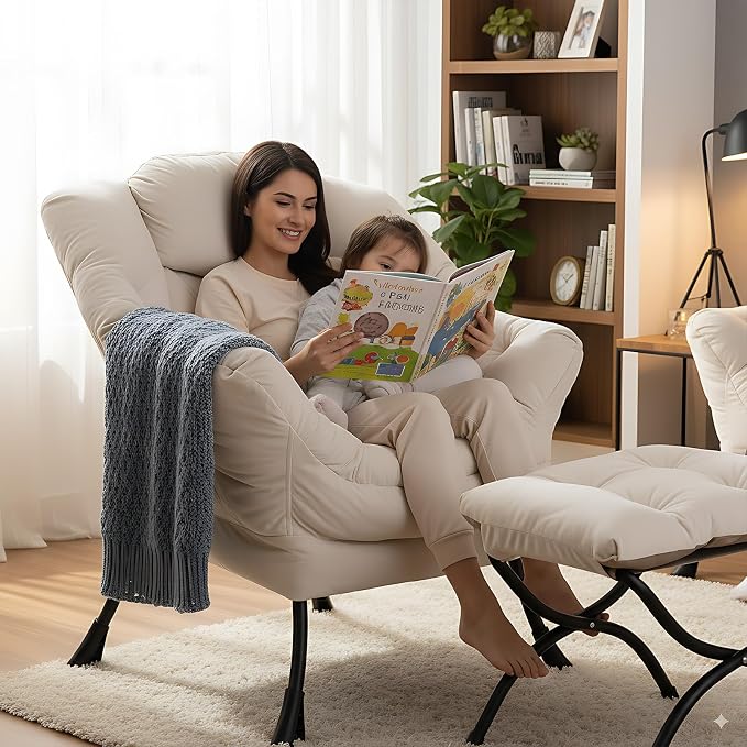 Lazy Chair with Ottoman, Comfy Accent Reading Chair, Velvet Beige | Foldable - Image 2