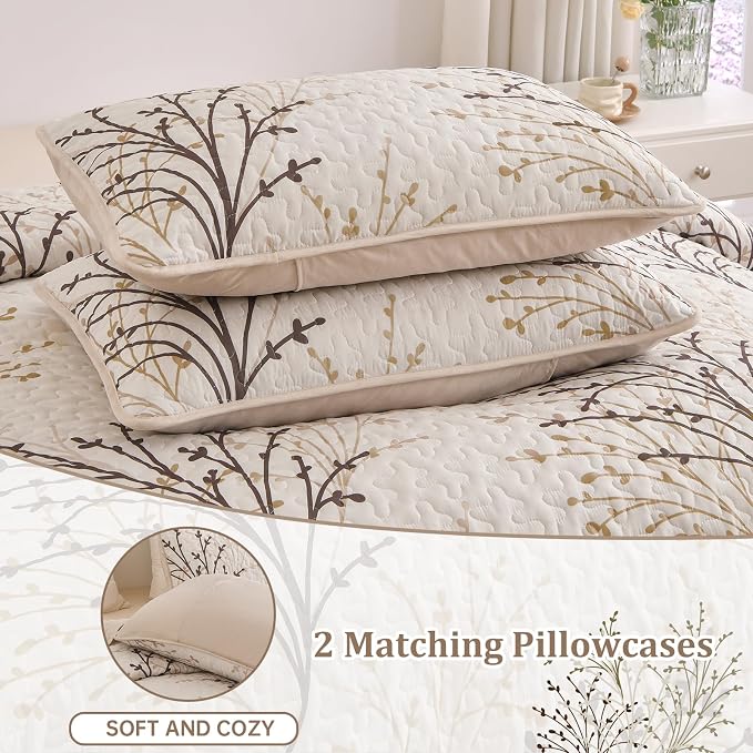 DJY Queen Size Quilt Set Beige Branch Botanical Bedspread Coverlet Set | 3 - Image 6