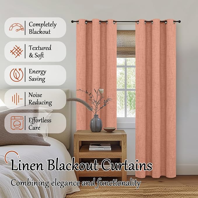 Terracotta Linen Blackout Curtains 80" Long Each 38 Wide 2 Panels | Thermal - Image 2
