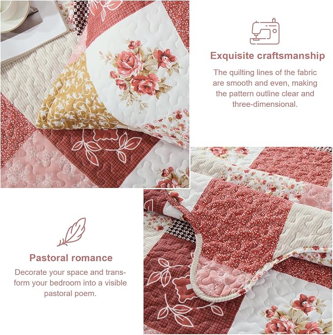 Dinjoy Boho Quilt Set Queen Size, Patchwork Floral Bedspreads, Romantic Red | - Image 4