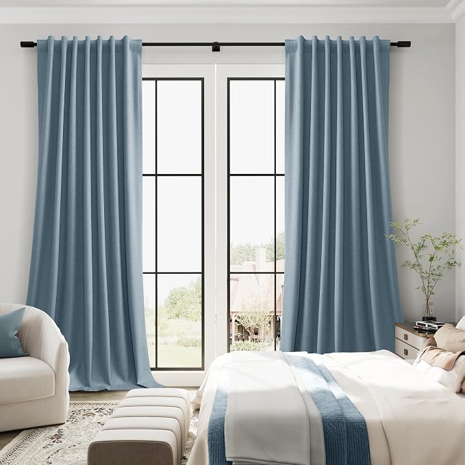 Blue Linen 100% Blackout Curtains 108 Inches Long 2 Panels Set Country - Image 7