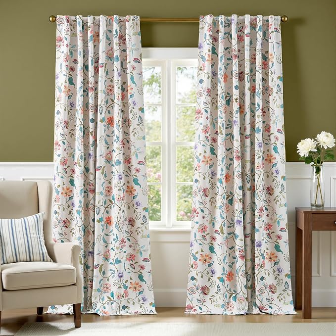 jinchan Beige Floral Blackout Curtains 96 Inch Back Tab 2 Panels Set | Room - Image 2