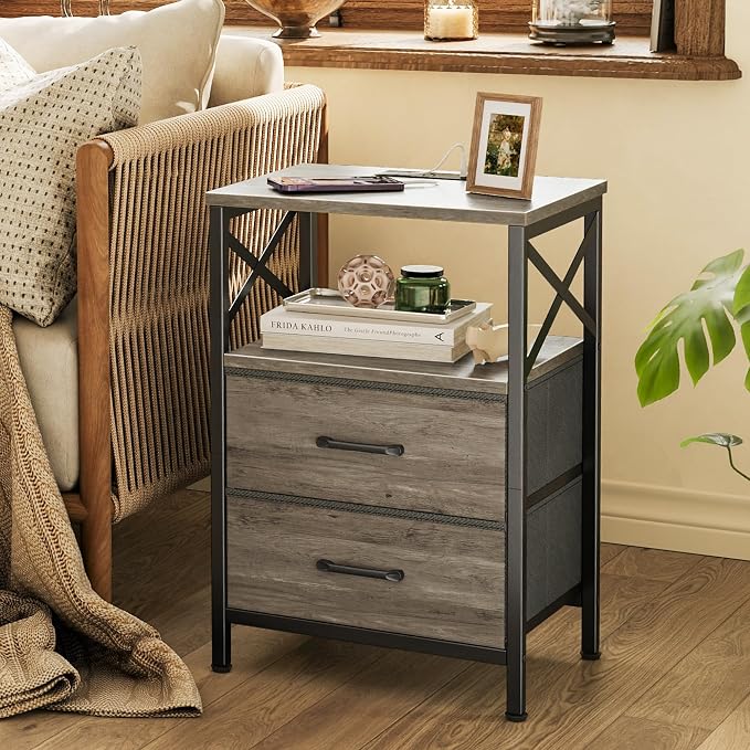Huuger Night Stand with Charger Station, USB-C Port, End Table | 2 Drawer - Image 6