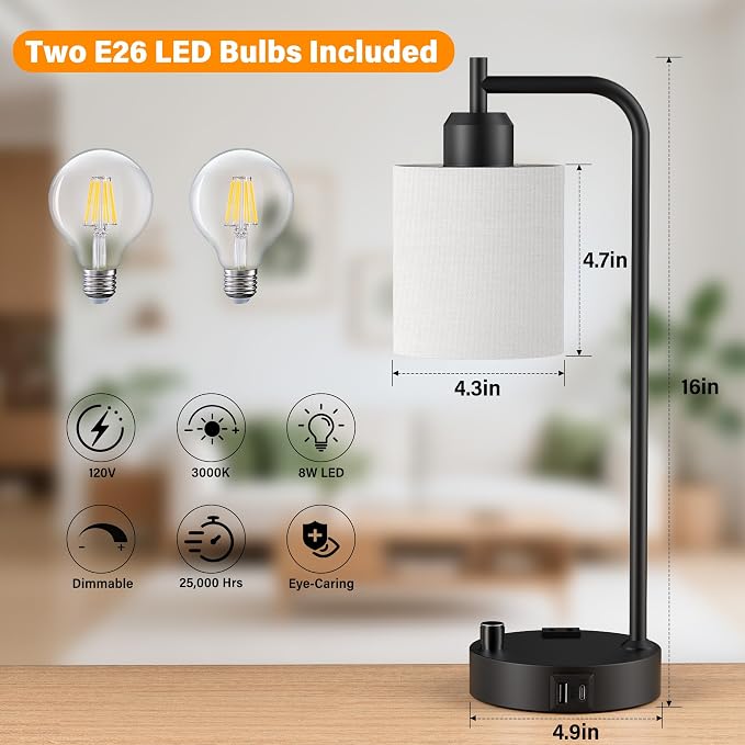 Industrial Table Lamps with Linen Shade, 2 LED Bulbs Included - Image 3