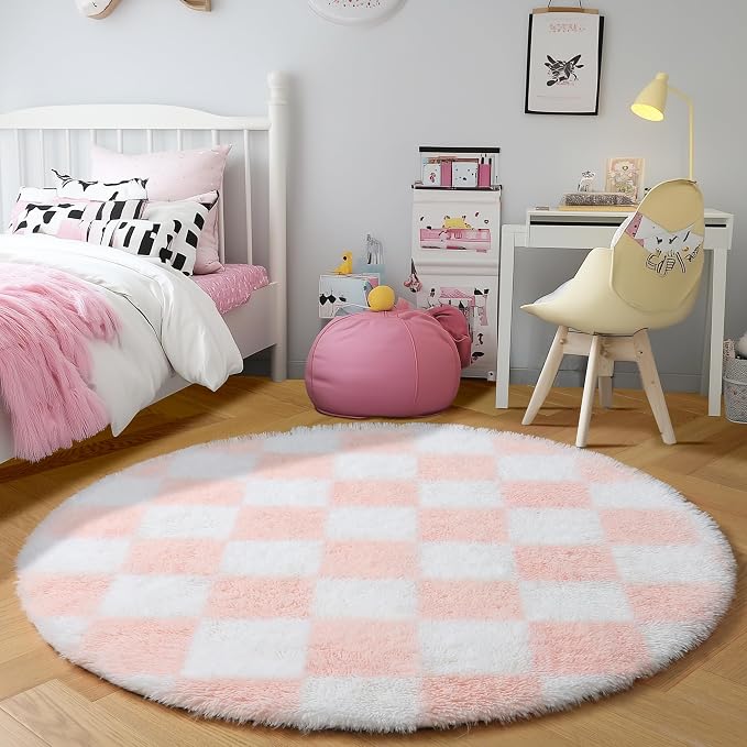 KICMOR Pink Round Rug 4ft for Girls Bedroom, Fluffy Soft Circle Area Rug Cute - Image 3