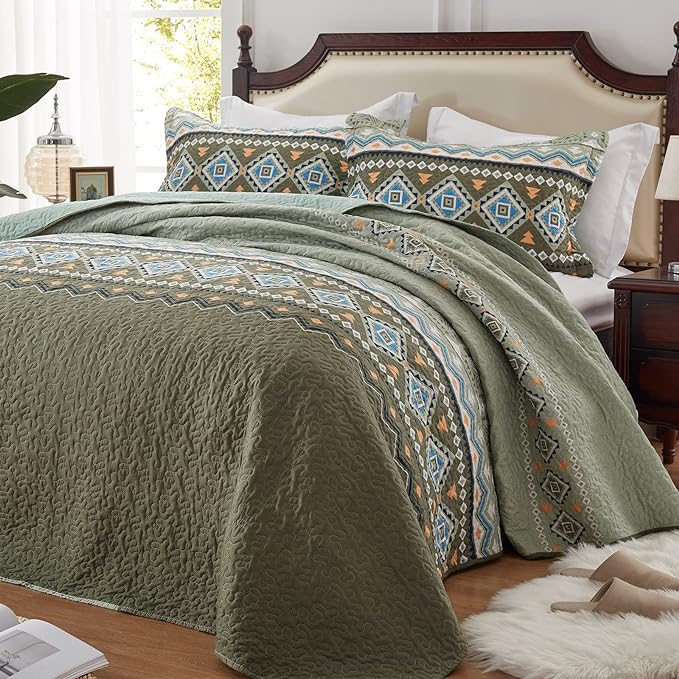 2 Pieces Twin Size Quilt Set Olive Green Bohemian Bedspread Coverlet by LEAONME