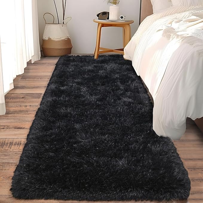 Soft Runner Rugs for Bedroom Hallways, 2 Packs 2x6 Black Fluffy Shag Throw Area by Ailyei