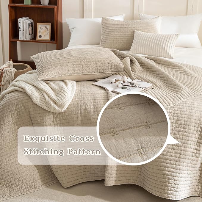 CozyTide Stone-Washed Cotton Queen Quilt, Wheat Stitching Queen Quilt Bedding - Image 3